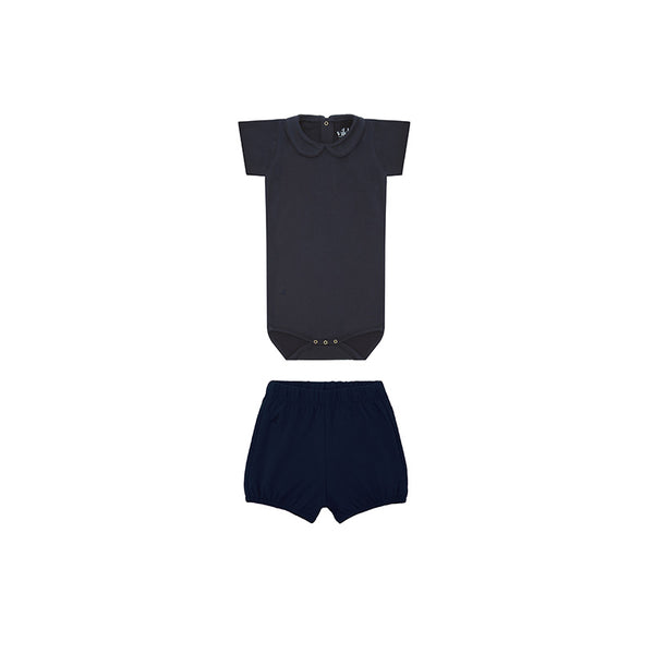 SS Collared Bodysuit & Bloomers Set - Navy