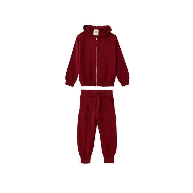 Knitted Baby Zip Cardigan & Jogger Set - Red Jasper
