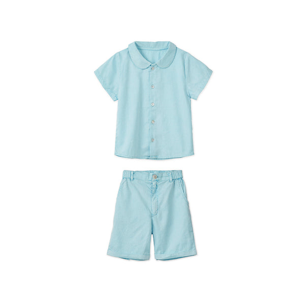 SS Woven Peter Pan Collared Shirt & Shorts Set - Light Blue